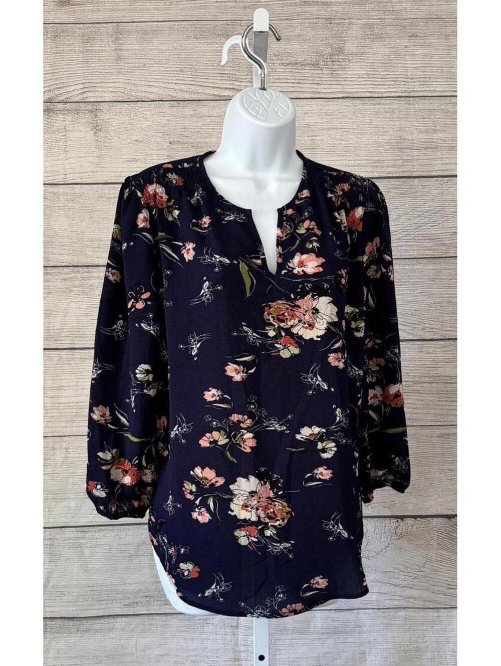 Stitch Fix Fun 2 Fun Navy Blue Floral Blouse Women Size XS